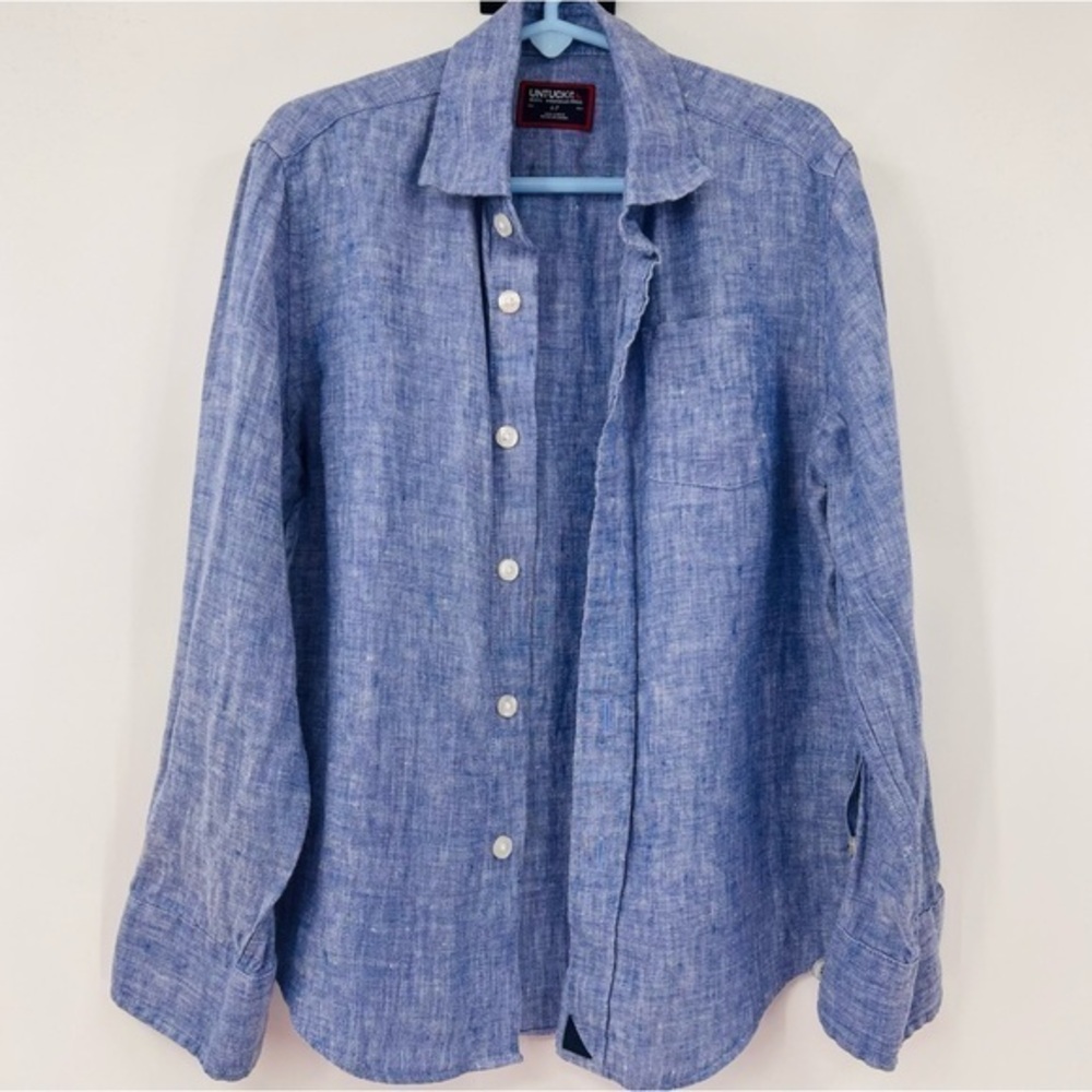 Untuckit Winkle Free Shirt Long Sleeve 100% Linen Boys Blue Size 6/7
